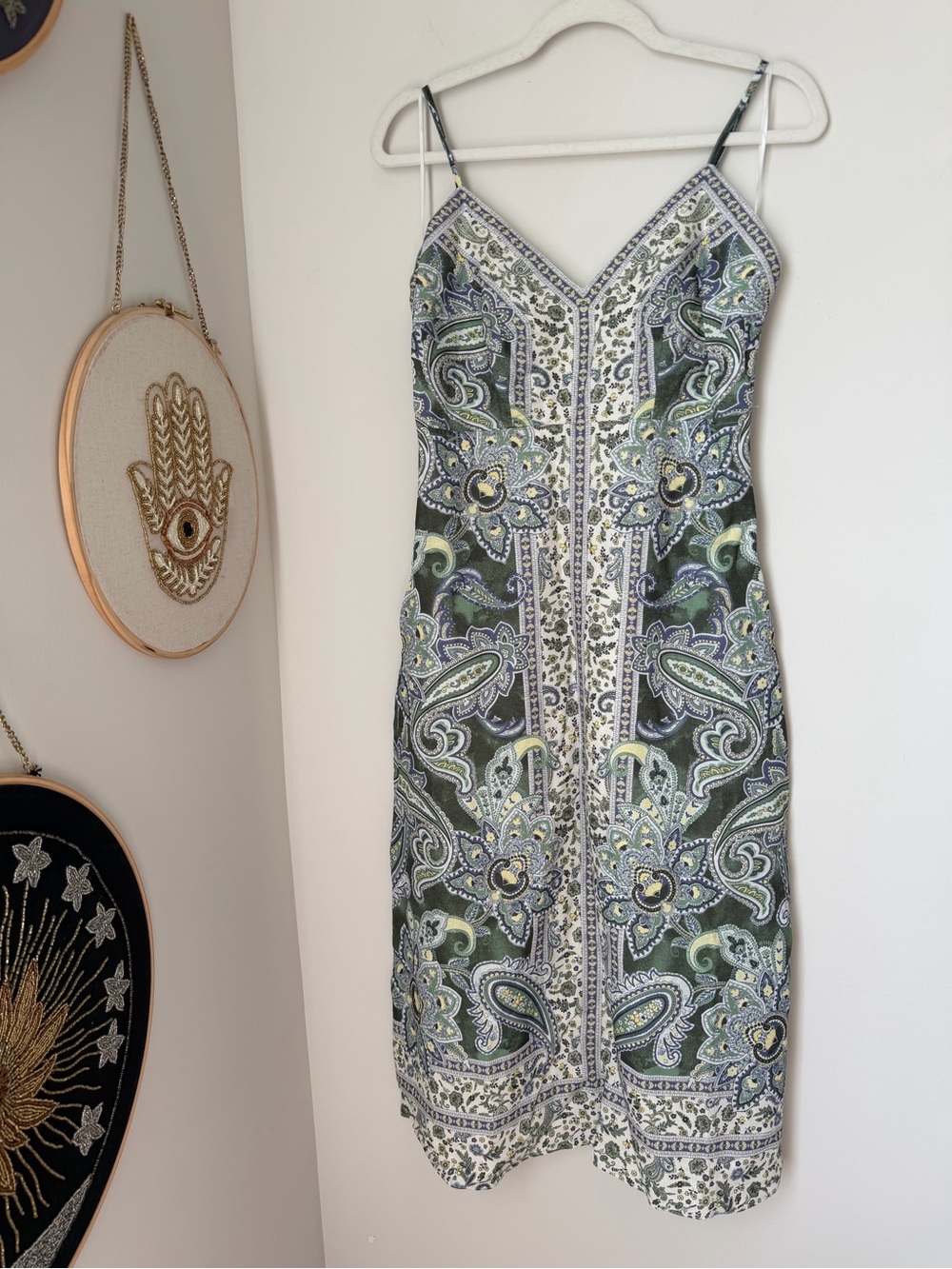 Magaschoni blue green Paisley Print Spaghetti Strap cotton linen Midi Dress